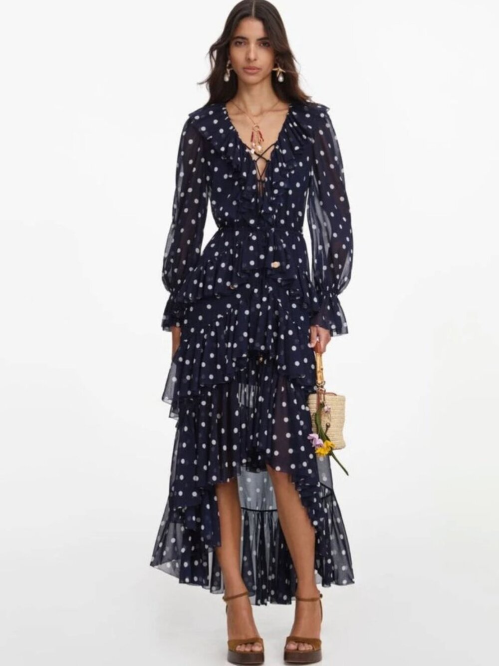 Self Portrait Polka Dot Georgette Ruffle Maxi Dress